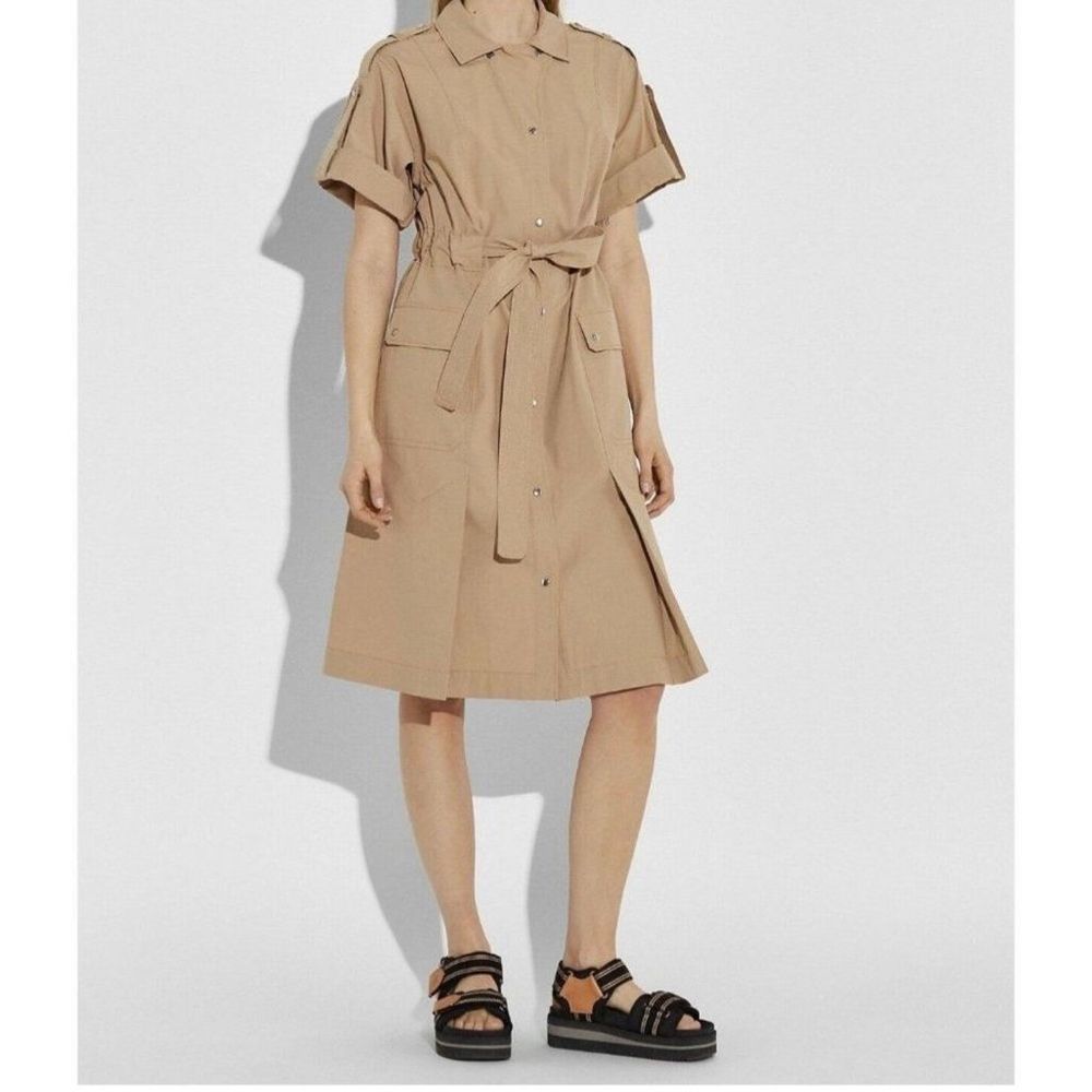 COACH Tie Waist Safari Shirt Dress Sz 4 Women Khaki Button Down Bow NEW